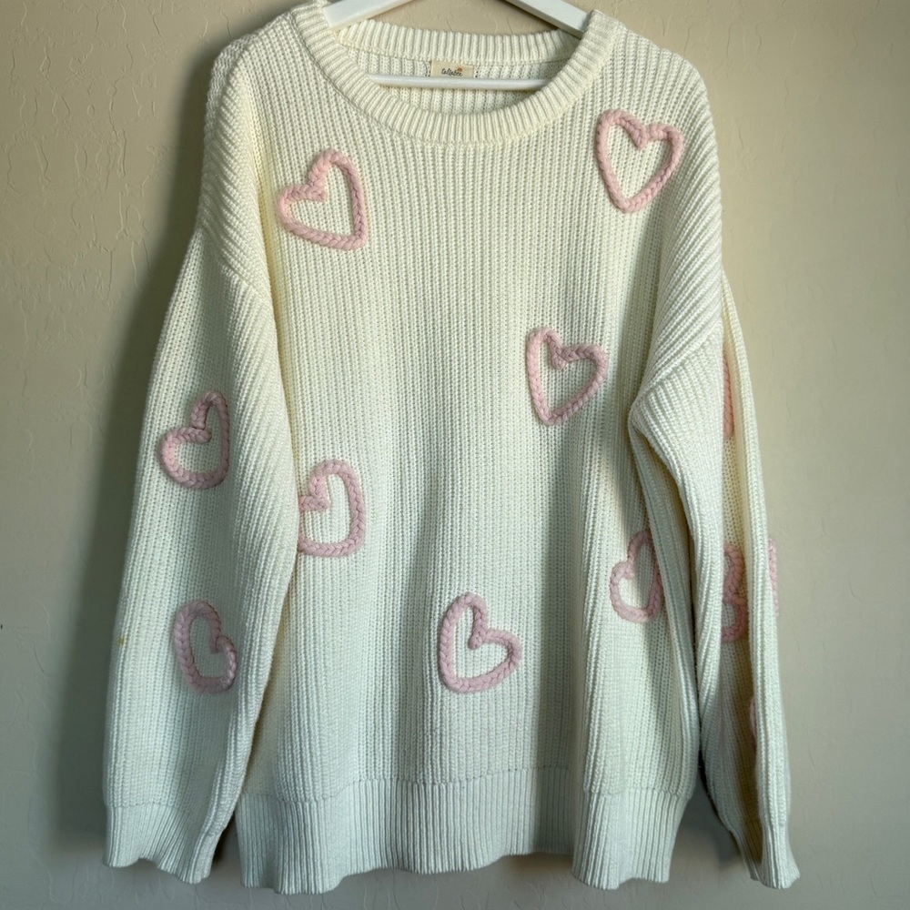 Tullabee Cream Knit Mom Sweater Pink Braided Hearts Valentine’s Day Medium